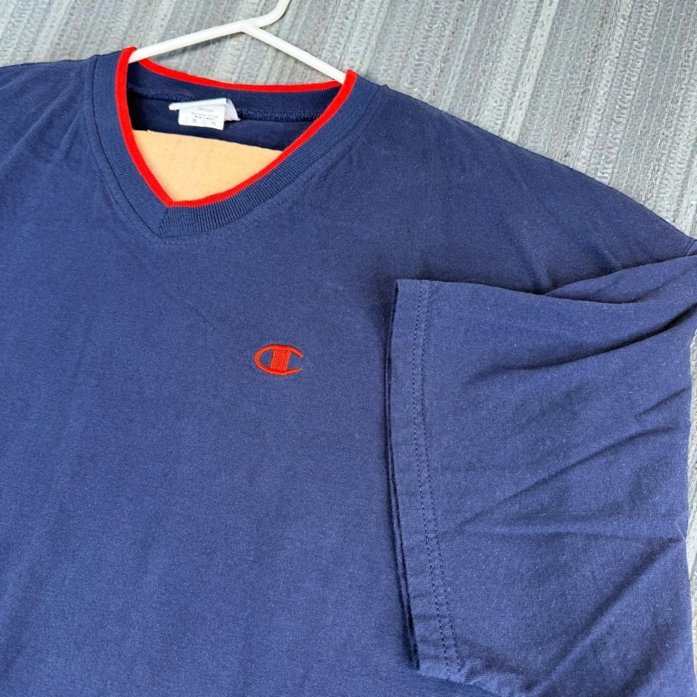 Champion Mens Navy Blue‎ V Neck T Shirt Embroidered Logo Vintage 90s XXL